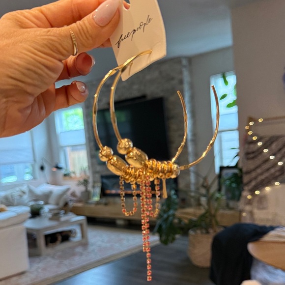 Free People Jewelry - Free People Gold Hoop Earrings with Pink Bead Tassels
